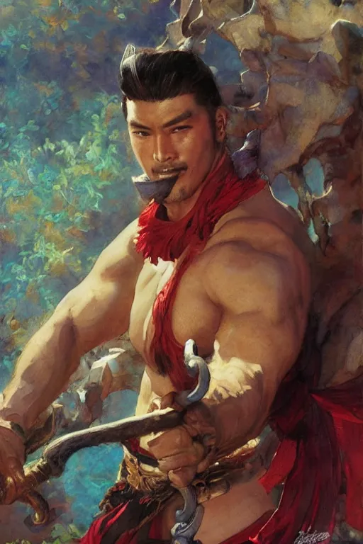 Image similar to wuxia, attractive beefy man, character design, colorful, painting by gaston bussiere, craig mullins, j. c. leyendecker, tom of finland