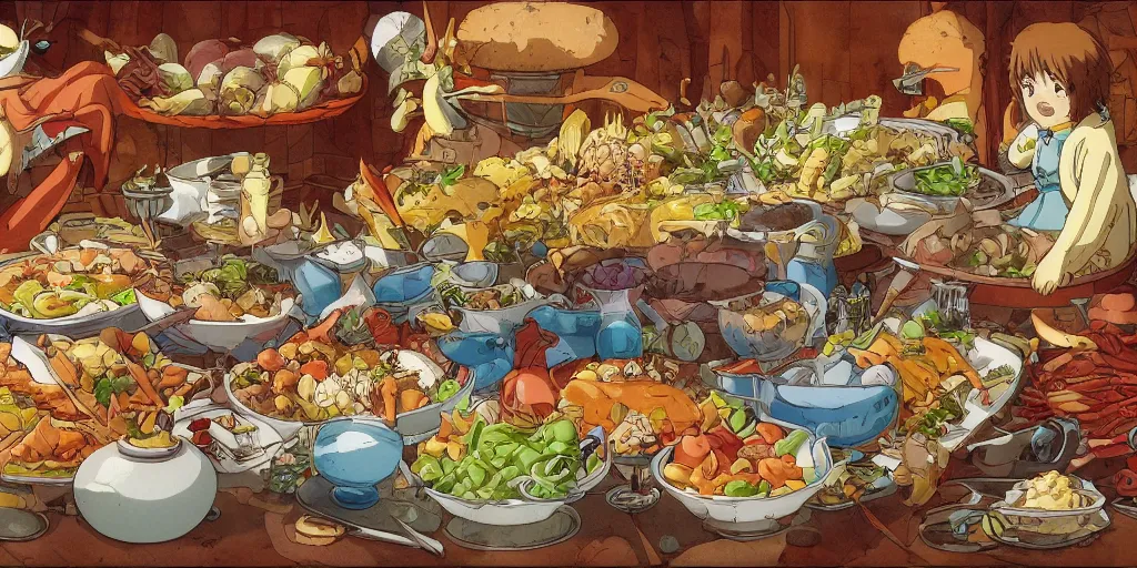 Image similar to A feast for the whole kingdom, very detailed, anime, Delicious, Plump, Juicy, Hot Food, large white border, hd, high resolution print :1 by Hayao Miyazaki, Nausicaa, studio Ghibli style, Anime wallpaper, cell shading, trending on deviant art :1