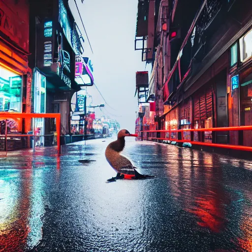 Image similar to a high quality low wide angle photo of a Greylag Goose on the streets of a cyberpunk city, rainy, reflective ground, neon lights, realism, 8k