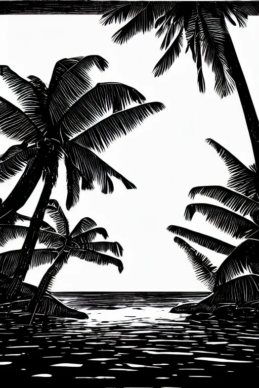 Prompt: art by brian reedy, cinematic black ink linocut print of a tropical island, 8 k, frostbite 3 engine, cryengine, dof, trending on artstation, digital art, crepuscular ray