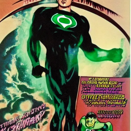 Prompt: American actor Bronk Sturks starring as Hal Jordan, Green Lantern, and French brunette pop star Daphne LaCroix making her feature film debut as Star Sapphire in George Lucas' 1979 film, The Green Lantern, Warner Brothers Pictures