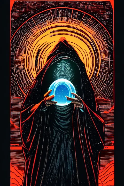 Image similar to wizard in a hooded cloak gazing into a crystal ball, high details, intricately detailed, by vincent di fate, 3 color screen print, masterpiece, trending on artstation, sharp, details, hyper - detailed, hd, 4 k, 8 k