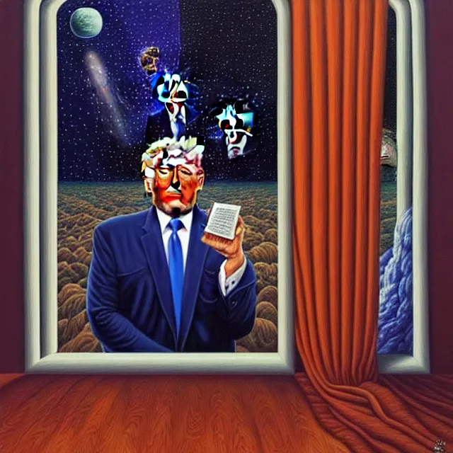 Image similar to an oil on canvas portrait of trump in the whitehouse, surrealism, surrealist, cosmic horror, rob gonsalves, high detail