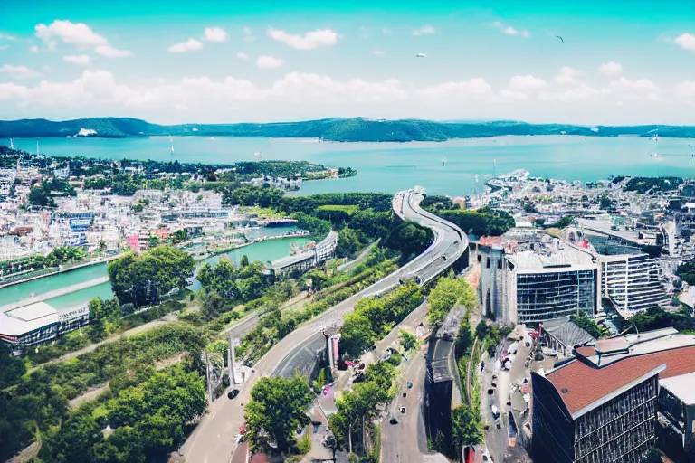 Image similar to bird's eye view photography of a small city. town hall, central farm, monorail station, beach and harbor. hills, woods and lake to the north.