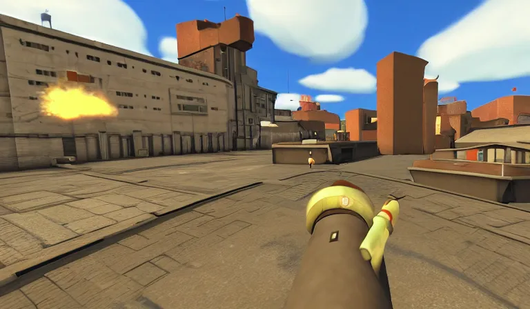 Prompt: Team Fortress 2 by Tadanori Yokoo, PC game, source engine, gameplay screenshot, first-person pov