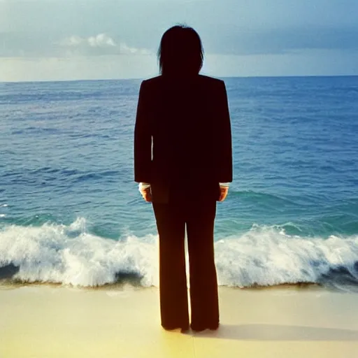 Image similar to japanese man with long hair in a suit standing in the ocean looking at the camera, wide shot, far away, zoomed out, sunset, album cover, 1980, tatsuro yamashita, ride on time