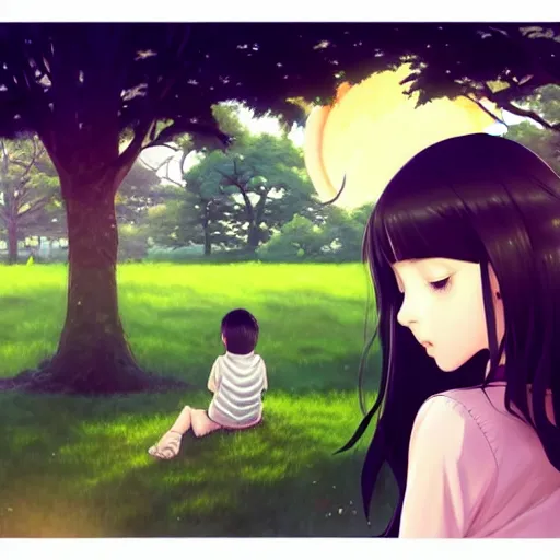 Image similar to a beautiful girl with long dark hair, sitting in the park next to a young boy who has dark hair, sunset, evening, sharp focus, intricate, digital painting, artstation, official media, anime key visual, highly detailed, rich vivid colors, ambient lighting, illustration, art by Artgerm, Makoto Shinkai, Ilya Kuvshinov, Lois Van Baarle, and Rossdraws