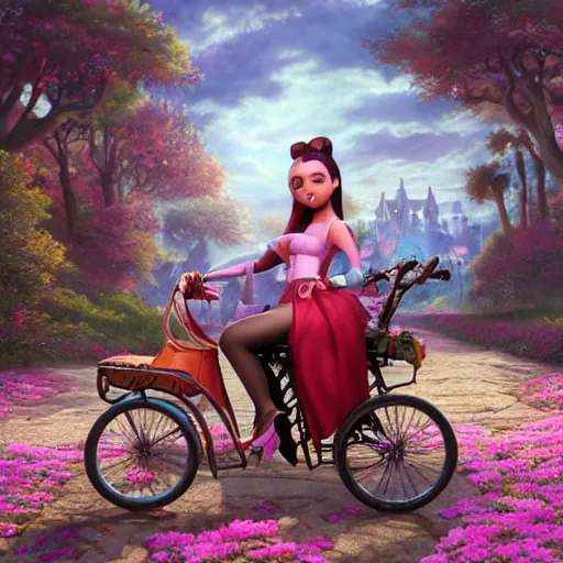 Prompt: an epic fantasy comic book style portrait painting of ariana grande on a tricycle, character design by mark ryden and pixar and hayao miyazaki, unreal 5, daz, hyperrealistic, octane render, cosplay, rpg portrait, dynamic lighting, intricate detail, summer vibrancy, cinematic