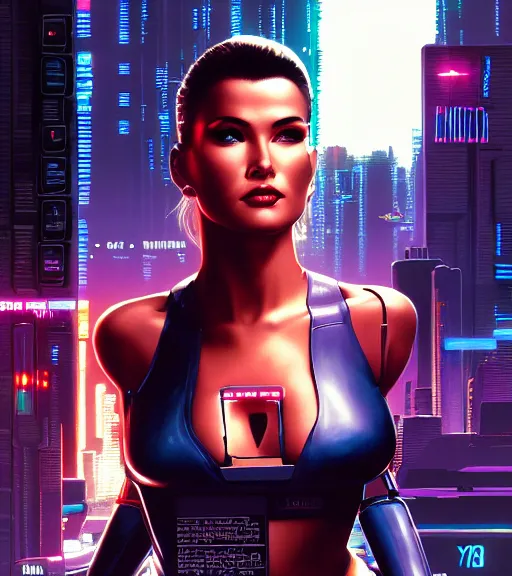 Image similar to cable plugged in, side of head, very very beautiful woman, cyberdeck computer terminal, street level night city, 1 9 7 9 omni magazine cover, style by vincent di fate, artgerm, cyberpunk 2 0 7 7, very coherent, detailed, 4 k resolution, unreal engine, daz