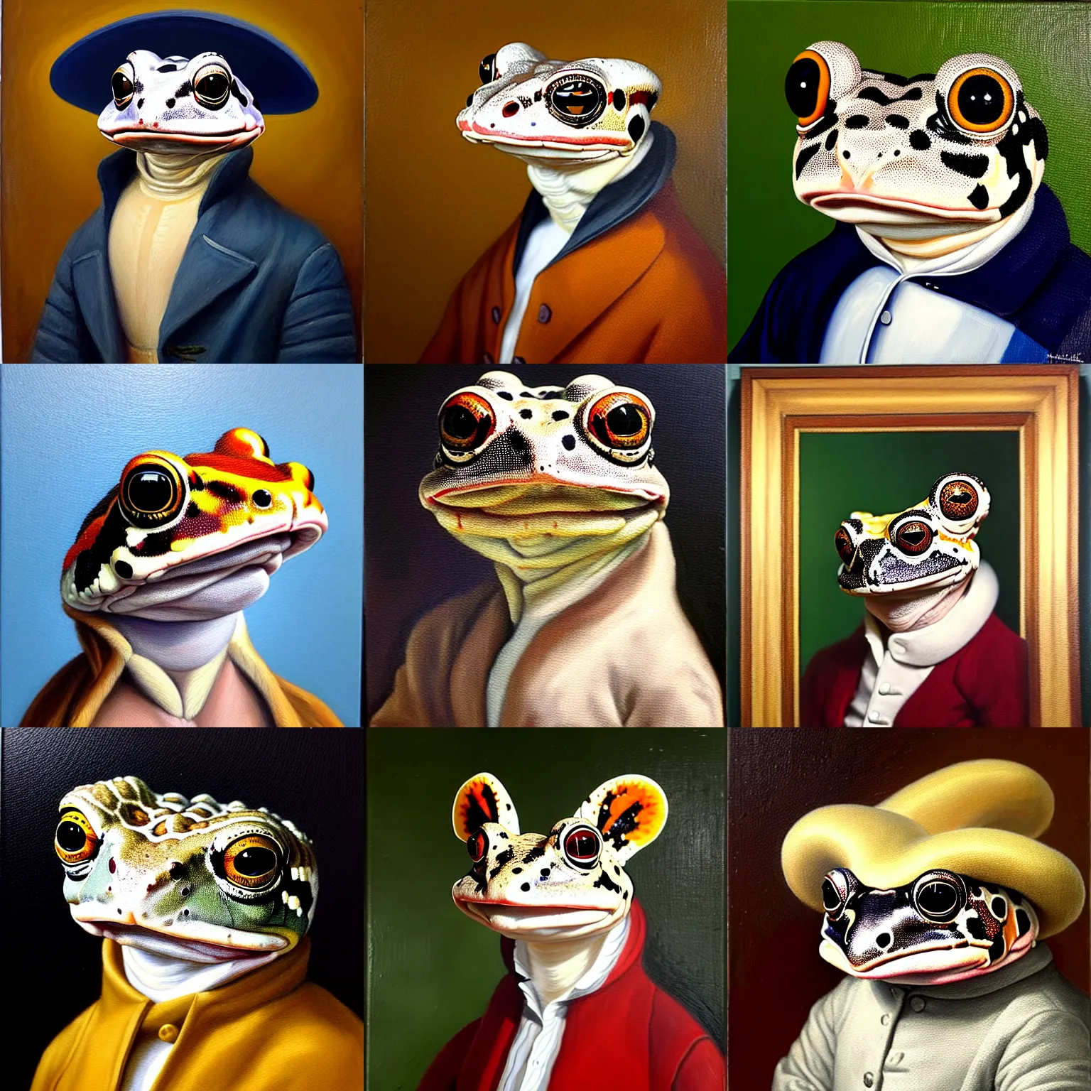 Prompt: a head and shoulders portrait painting of an anthropomorphic!!!!!!!!!! amazon milk frog!!!!!!!!!! wearing a colonial!!!!!!!!!! outfit without a hat looking off camera, a character portrait, romanticism, oil on canvas, visible brushstrokes, soft colors