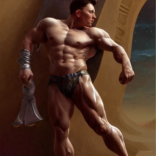 Prompt: elon musk as a Greek god, gorgeous, amazing, muscular, fit, very muscular male body, intricate, highly detailed, digital painting, artstation, concept art, sharp focus, illustration, art by greg rutkowski and alphonse mucha