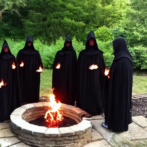 Prompt: a cult of black cloak wearing individuals summon a demonic kitten from the depths of a raging fire pit. Flames are emerging from fissures in the ground.