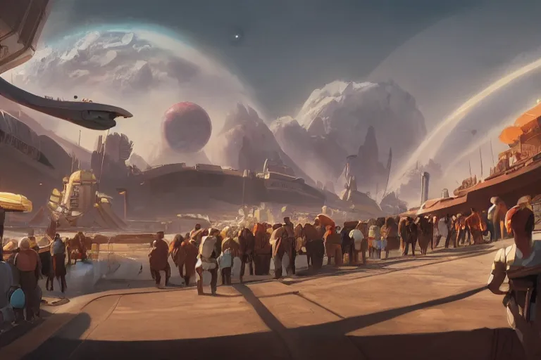 Image similar to visiting crowded exoplanet fish market, ringed planet in the sky, dramatic lighting, artstation, matte painting, ralph mcquarrie, gurney