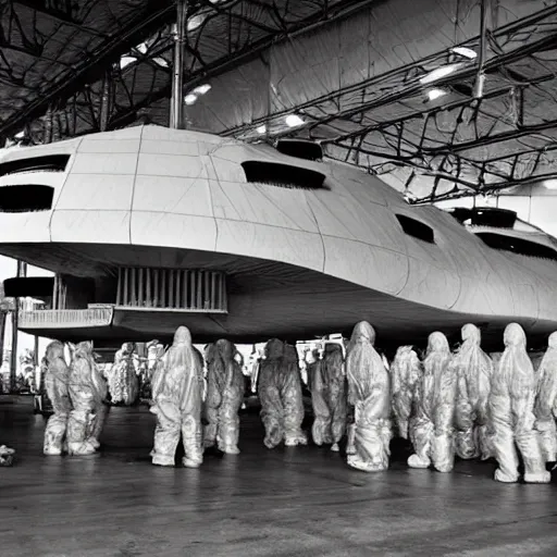 Prompt: dismantled ufo spaceship in hanger with people in hazmat suits standing around, grainy, vintage photo, sepia, old photo, realistic, detailed,