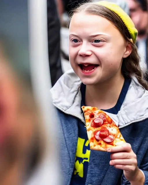 Prompt: film still close - up shot of greta thunberg wearing a hat giving a speech in a crowded train station eating pizza, smiling, the sun is shining. photographic, photography