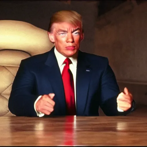 Image similar to Jean CLAUDE Van Damme starring as Donald Trump, full screen shot, cinematic still