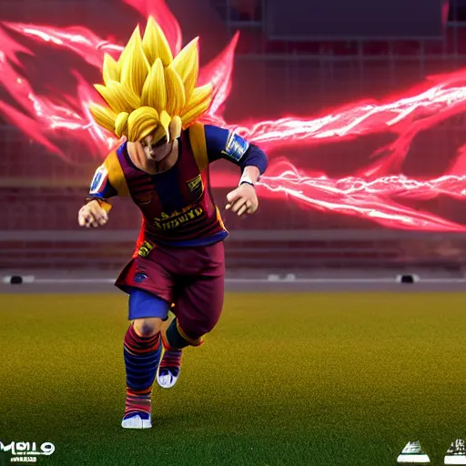 Image similar to ultra - realistic, 3 d render of lionel messi going super - saiyan, octane render, zbrush