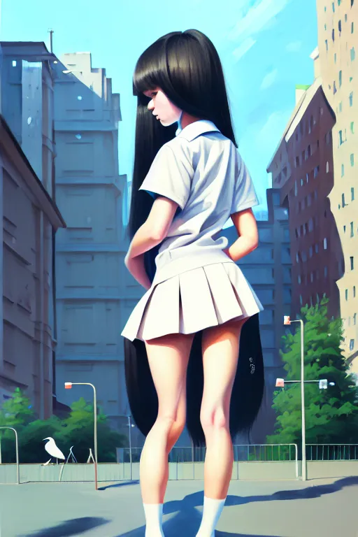 Prompt: gouache of a cute girl wearing school uniform standing in the city which seem small, back view, bird's eye view, 8 k wallpaper, strong brush stroke, very high detailed, sharp focus, illustration, morandi color scheme, artstation, by krenz cushart