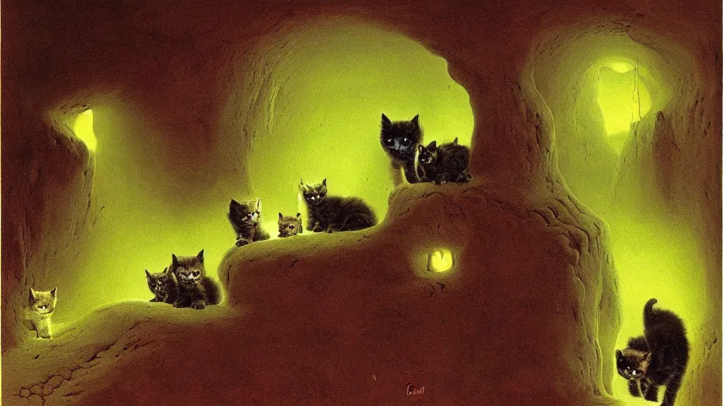 Image similar to kittens with luminous eyes burst out of a dark cave by zdzislaw beksinski and bogdan rezunenko and roger dean.