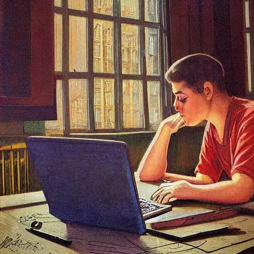 Prompt: detailed intricate soviet realism painting of webdesigner with laptop, heroic, beautiful