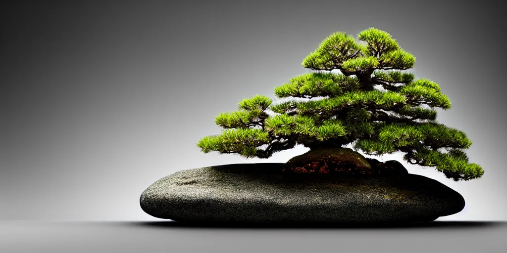 Prompt: photo bonsai fir on a small rock with shades of edges in the water, gold hour, soft ligting, medium shot, volumetric lighting, beautiful, ultra detailed, cgsociety by leesha hannigan, thierry doizon, kai carpenter, ignacio fernandez rios, 3 5 mm, fujifilm