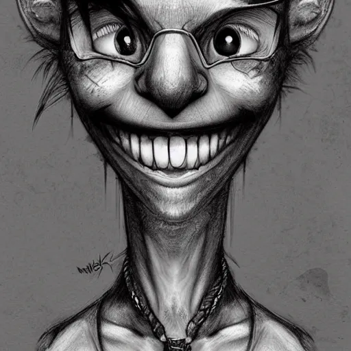 Image similar to grunge cartoon sketch of a human mixed with a cat with a wide smile by - michael karcz, loony toons style, horror theme, detailed, elegant, intricate