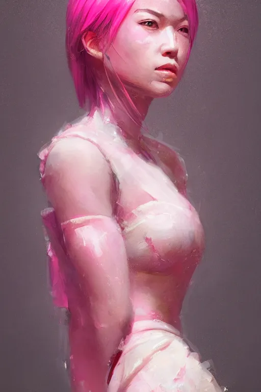 Image similar to a fancy portrait of an attractive alian women with pink skin by Greg Rutkowski, Sung Choi, Mitchell Mohrhauser, Maciej Kuciara, Johnson Ting, Maxim Verehin, Peter Konig, final fantasy , 8k photorealistic, cinematic lighting, HD, high details, atmospheric , trending on artstation