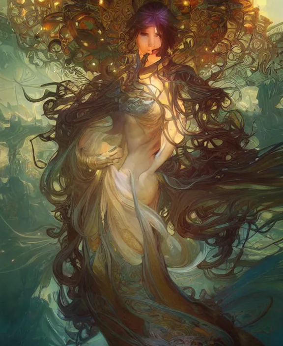 Image similar to a whirlwind of souls rushing inside the metaverse, half body, glowin eyes, d & d, fantasy, intricate, elegant, highly detailed, colorful, vivid color, digital painting, artstation, concept art, art by artgerm and greg rutkowski and alphonse mucha and ruan jia