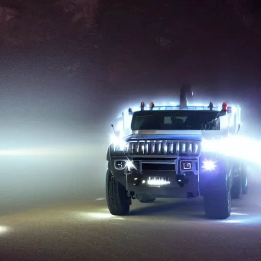 Prompt: hummer truck on a stage with laser rays and ground fog.