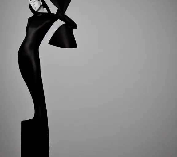 Prompt: extremely beautiful well lit fashion photo of a female statue wearing a neoprene asymmetrical ballgown in the style of rei kawakubo, yohji yamamoto, japanese avant garde fashion, statue, black marble, carving, glossy, vogue, beautiful lighting, clear, sharp focus, depth of field, portrait, editorial, vogue