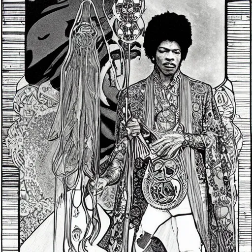 Image similar to artwork by Franklin Booth and Alphonse Mucha showing a portrait of Jimi Hendrix as a futuristic space shaman