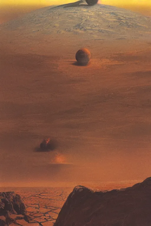 Prompt: emissary space by arthur haas and bruce pennington and john schoenherr, cinematic matte painting, 8 k, mars desert storm, dark color palate, mountainscape