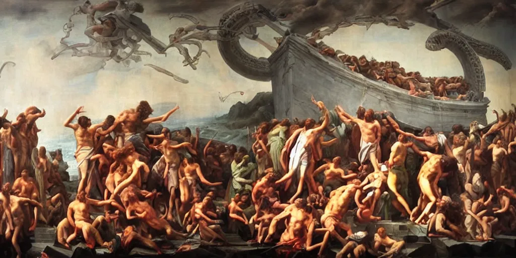 Prompt: a mix between the raft of the medusa and the school of athens, matte painting, oil canvas, photorealistic illustration, extreme detail, hyper realistic, highly detailed