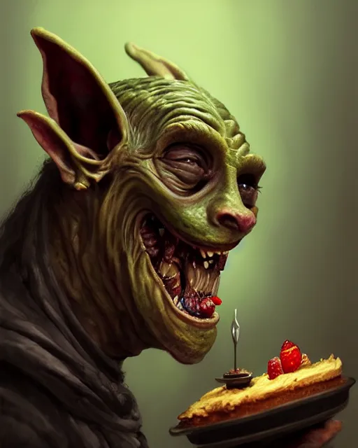 Prompt: closeup profile face portrait of a medieval goblin eating cakes in the cloisters, beautiful face, hyper realistic, highly detailed, digital painting, artstation, illustration, concept art by hyung tae, frank frazetta, bosch, giger, digital paint, matte paint, washed colors, dark, gloomy