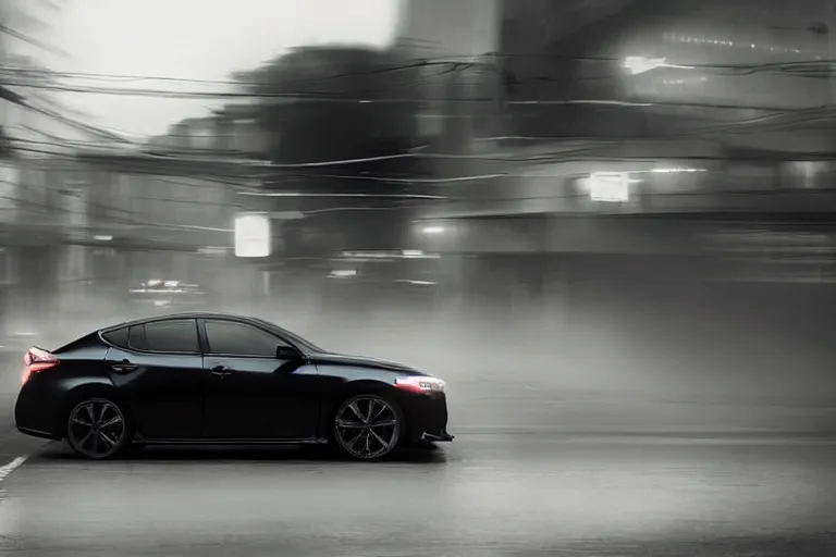 Prompt: black Nissan Altima 2022. Altima GT Performance modified large spoiler, big front lip, wide bodied, car driving on dimly lit street overcast skies raining. headlights illuminating road, volumetric lighting cinematic vray photo muted colors dark cinematic. dark photo. front side view uncropped centered. artstation trending dramatic harsh lighting low exposure, motion blur, dof