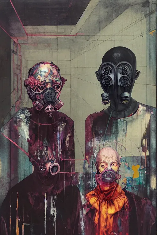 Image similar to two skinny old people wearing gas masks inside a brutalist designed space ship , gothic, rich deep colours, painted by Francis bacon, Adrian ghenie, James jean and Petra cortright, part by Gerhard Richter, part by Takato Yamamoto. 8k masterpiece