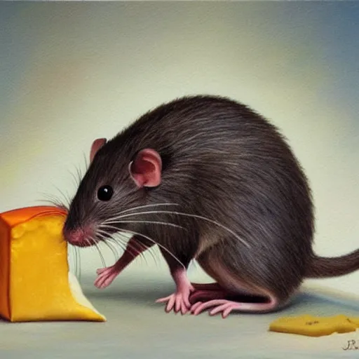 Image similar to realistic painting of a rat with cheese