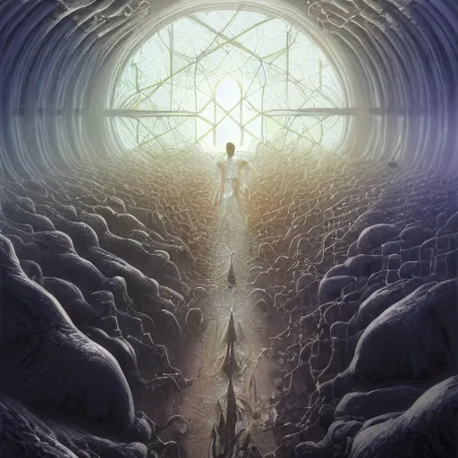 Prompt: a quantum computer processing the soul of a dying man, surrounded by a dark cabal of hooded elven mystics with long robes gathered in a circular formation, michael whelan art, dan seagrave art, cgsociety, artstation, epic scifi fantasy art