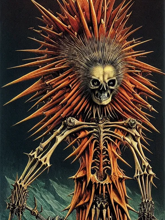 Prompt: A little vibrant. A spiked horned detailed porcupine-semihuman skeleton with armored joints stands in a large cavernous dark castle with a pebble in hands. Wearing massive shoulderplates, cloak. Extremely high details, realistic, fantasy art, solo, masterpiece, bones, ripped flesh, colorful art by Zdzisław Beksiński, Arthur Rackham, Dariusz Zawadzki, Harry Clarke