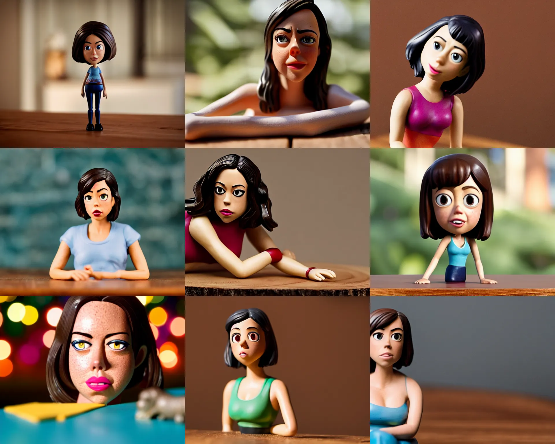 Prompt: aubrey plaza figurine by pixar sad bokeh on wooden table.