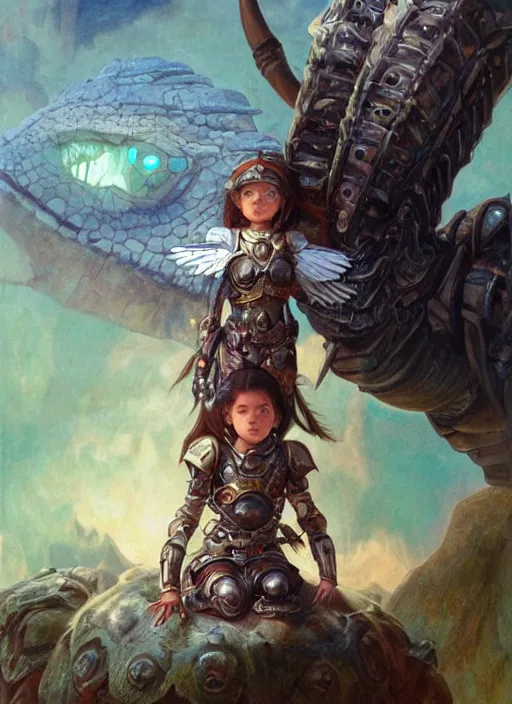 Image similar to portrait of a little cyborg warrior girl character sitting on top of a giant armored dinosaur bird with huge wings flying in space, epic character with dark skin and beautiful green eyes. the girl has a very beautiful detailed symmetrical face, long black hair. diffuse night light, dramatic landscape, fantasy illustration, matte painting by mucha