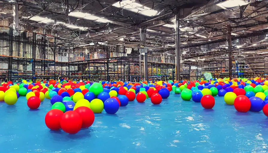 Prompt: an empty warehouse, in the middle is an inflatable kiddie pool filled with colorful plastic balls, grainy photo, liminal space