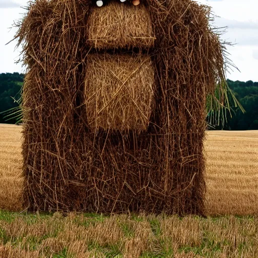 Prompt: a detailed hay monster in a field looking ominously at the camera