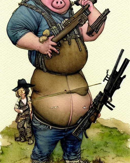 Image similar to a realistic and atmospheric watercolour fantasy character concept art portrait of a fat adorable dirty chibi pig wearing a wife beater and holding a rifle, by rebecca guay, michael kaluta, charles vess and jean moebius giraud