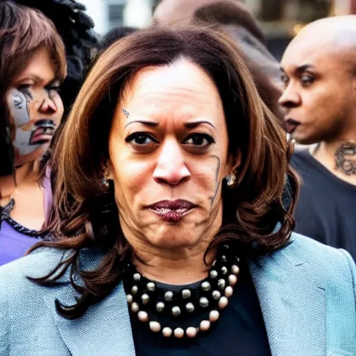 Image similar to kamala harris dressed up in hardcore gangbanger cosplay with face tattoos