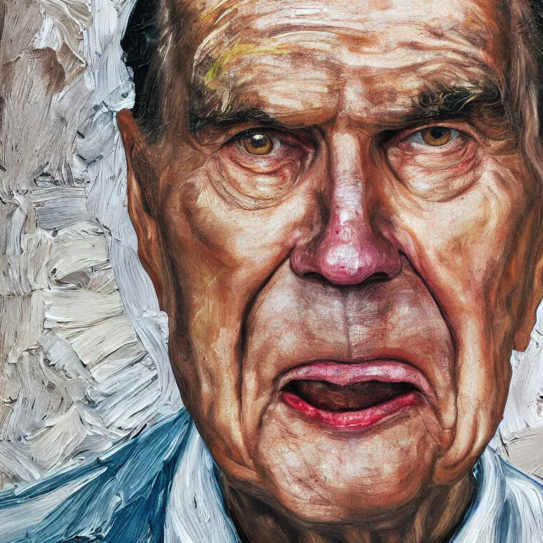 Image similar to close up studio portrait of aging old Richard Milhous Nixon age 115 wrinkled angry, shiny impasto oil painting by Lucian Freud and Tim Hawkinson and Cy Twombly, trending on artstation Studio lighting Expressionism