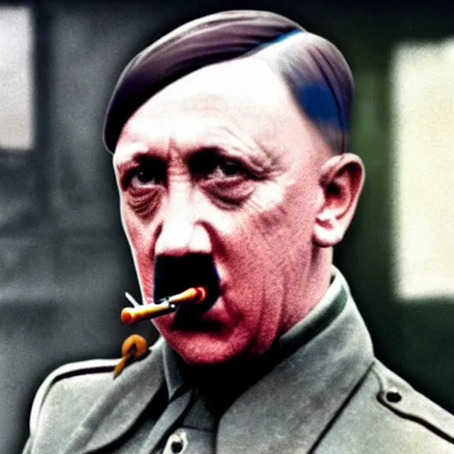 Image similar to a hyper realistic colorized photo of hitler with the gun in his mouth, close - up shot