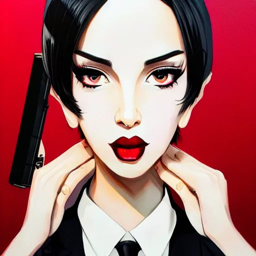 Image similar to beautiful slim cruel business girl in tuxedo with black bob hair, elegant, 2d, ultra highly detailed, digital painting, smooth, sharp focus, artstation, trending on artstation, art by Ilya Kuvshinov