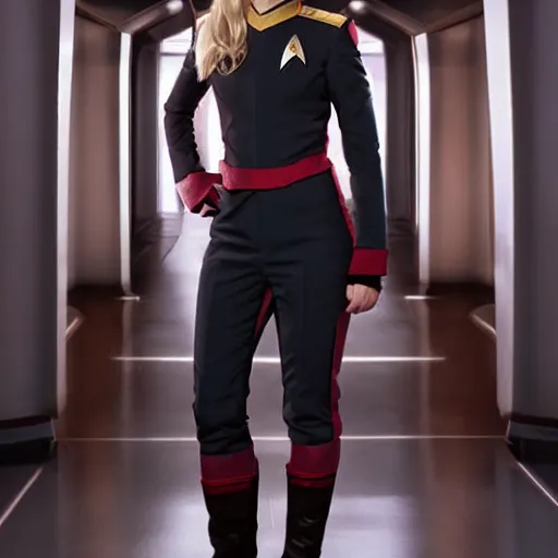 Image similar to a beautiful full body photograph of kristen bell as a star fleet officer from star trek next generation, extreme realism and detail, 8 k, completely framed, direct lighting, 3 5 mm photo, photorealistic, sharp focus