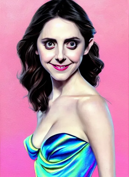 Image similar to evil Alison Brie in her best gala clothes staring in amusement at you. soft detailed painting at 16K resolution and amazingly epic visuals. epically beautiful image. amazing effect, image looks gorgeously crisp as far as it's visual fidelity goes, absolutely outstanding. vivid clarity. ultra detail. iridescent. mind-breaking. mega-beautiful pencil shadowing. beautiful face. Ultra High Definition. soft shading. soft texture. intensely beautiful.